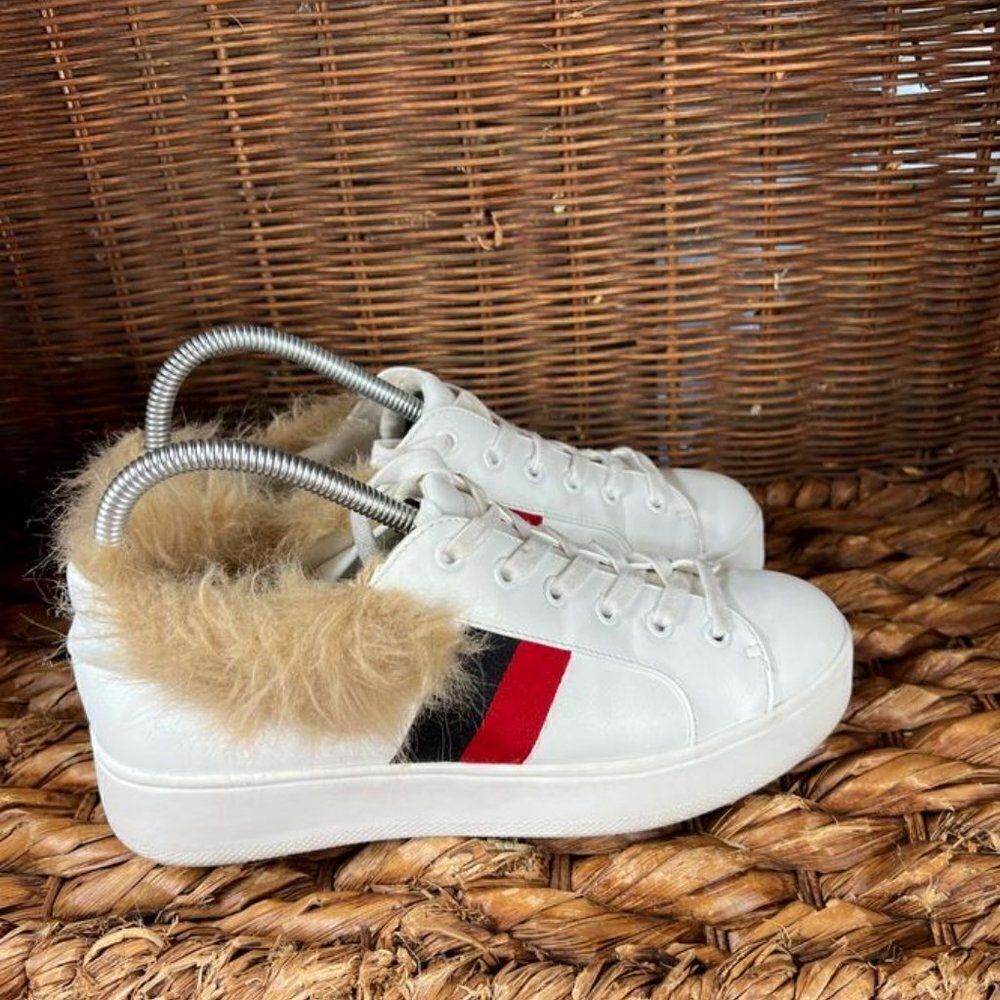 Steve Madden Sz 7.5 Women's White Belle Faux-Fur Lace-Up‎ Platforms Sneakers